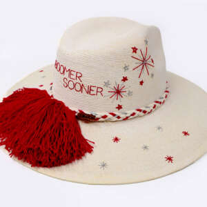 OU Inspired Victory Sparks White Palm Hat - side view with pompons