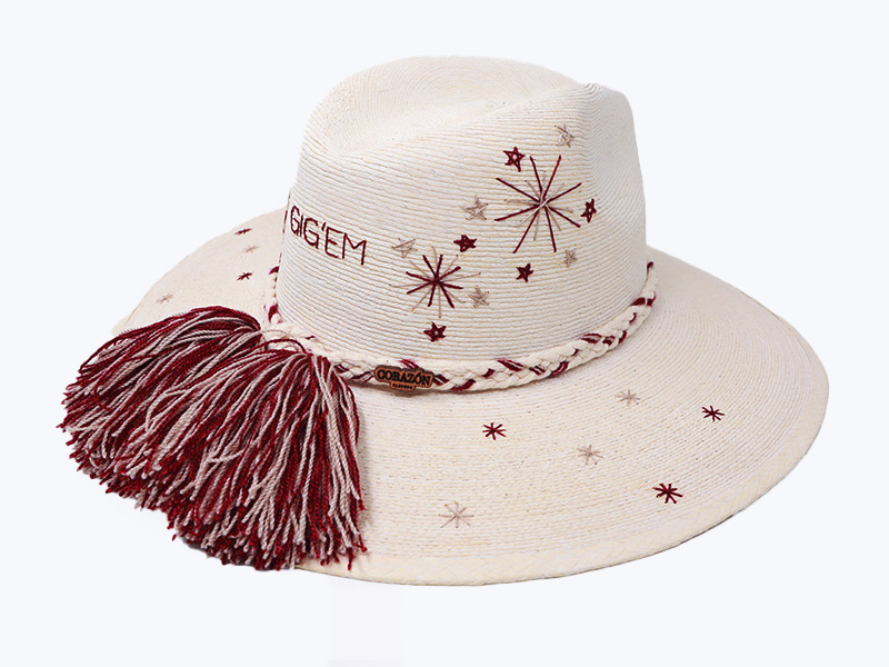 Texas A&M Inspired Victory Sparks White Palm Hat - side view with pompons