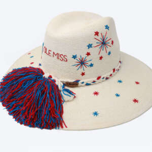 OLE MISS Inspired Victory Sparks White Palm Hat - side view with pompons