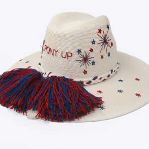 SMU Inspired Victory Sparks White Palm Hat - side view with pompons