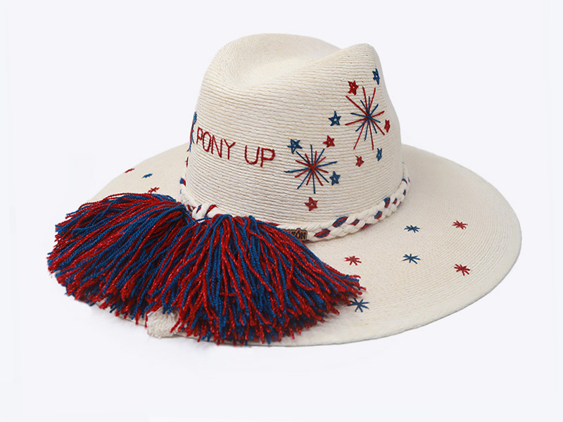 SMU Inspired Victory Sparks White Palm Hat - side view with pompons