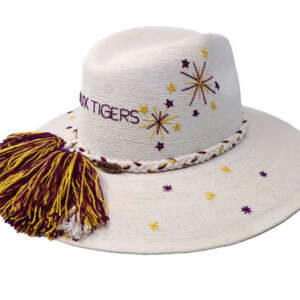 LSU Inspired Victory Sparks White Palm Hat - side view with pompons