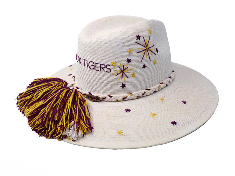 LSU Inspired Victory Sparks White Palm Hat - side view with pompons